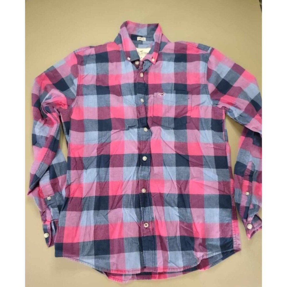 Hollister Button Down Plaid Shirt Sz M Pink Long Sleeve